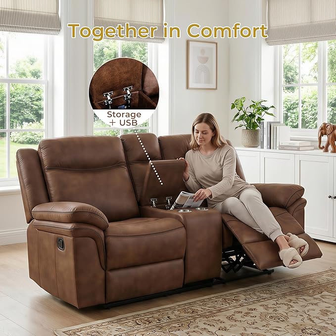 Luxurious Faux Leather Recliner Sofa Set for Living Room, Manual Rocking Loveseat, 3 Seat Reclining Sofa Couch with Dropdown Table, Storage and USB for Meeting Room (77"+87")