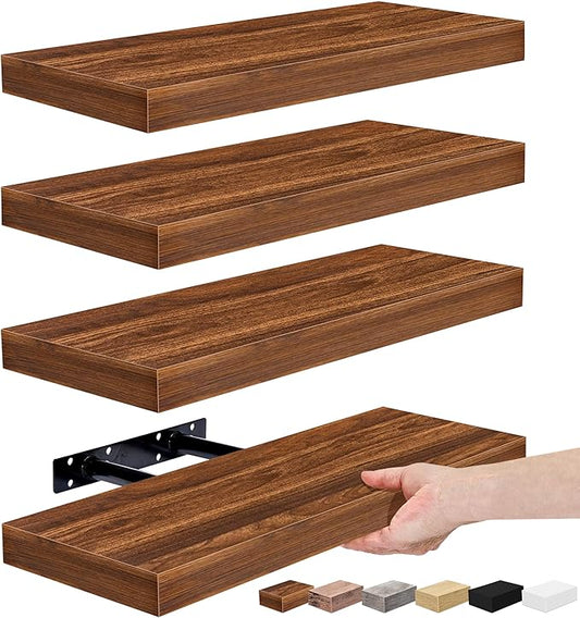 Sorbus Floating Shelves for Wall – 16 Inch Floating Shelf for Kitchen, Bedroom, Living Room, Bathroom, Home & Wall Decor - Mounted Bathroom Shelves with Invisible Brackets (Walnut, 4 Pack)