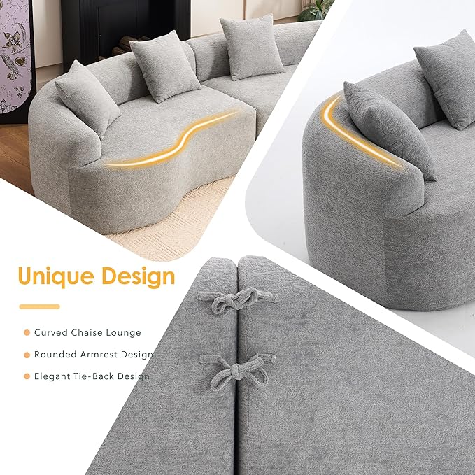 110" Oversized Cloud Sectional Sofa Modern Curved Boneless Couches for Living Room, 4-Seater Extra Deep Seat Foam Floor Compressed Couch w/Tight Backrest and 4 Pillows,Chenille Sofa & Couches | Breathable material, Non-slip, No Assembly Required