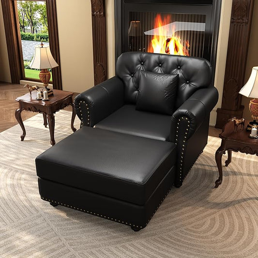 KEIKI 41" Faux Leather Chesterfield Sofa with Rolled Arms & Nailhead Trim & 1 Ottoman, 1-Seater Button Tufted Couch with High Resilience Cushion & 1 Pillow, Easy Assembly, for Living Room, Black