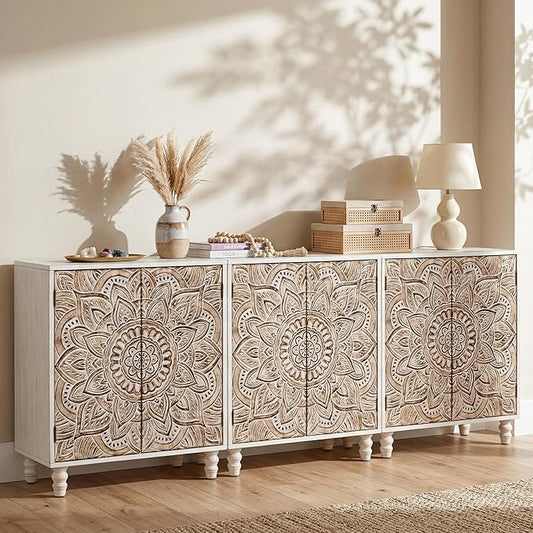 COSIEST Set of 3 32" Accent Storage Cabinets, Vintage Lotus Pattern Sideboards with Push-to-Open Doors, Carved Wood Buffet Table for Entryway, Kitchen, Living Room, Gray
