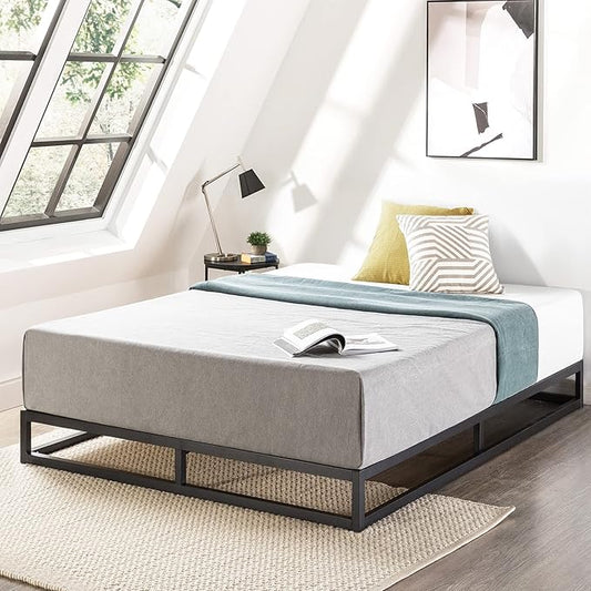 Mellow Modernista Low Profile 6 Inch Metal Platform Bed Frame with Classic Wooden Slat Support Mattress Foundation (No Box Spring Needed), Full, Black