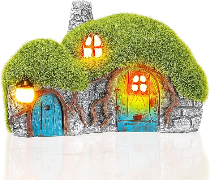 Outdoor Figurine Lights Garden House Statue and Mushroom Fairy House Decor Outdoor Statues with Solar Lights Garden for Patio Lawn Yard Ornaments, Housewarming Gift