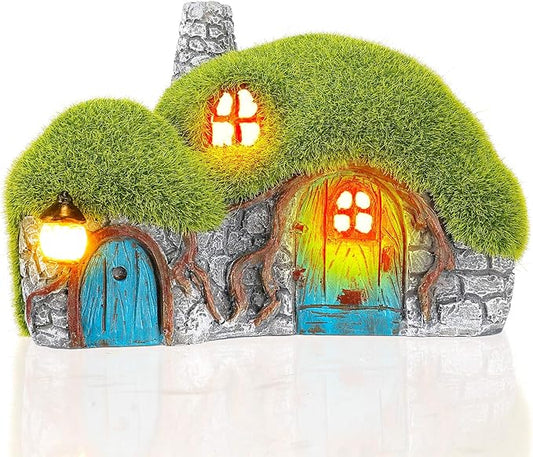 Outdoor Figurine Lights Garden House Statue and Mushroom Fairy House Decor Outdoor Statues with Solar Lights Garden for Patio Lawn Yard Ornaments, Housewarming Gift