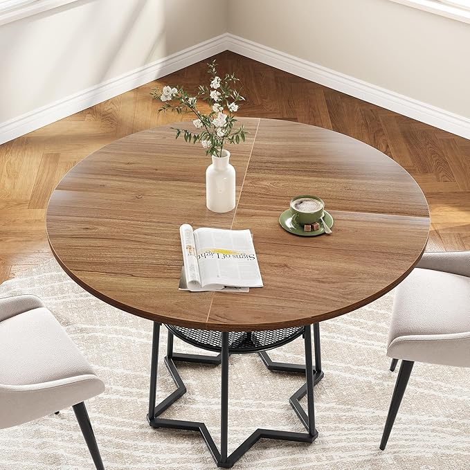 IDEALHOUSE Round Dining Table for 4, 38" Farmhouse Kitchen Table with 17.7" Storage, Small Circle Dinner Tables, Space Saving, Wood Kitchen & Dining Room Furniture for Dining Room, Apartmen, Brown