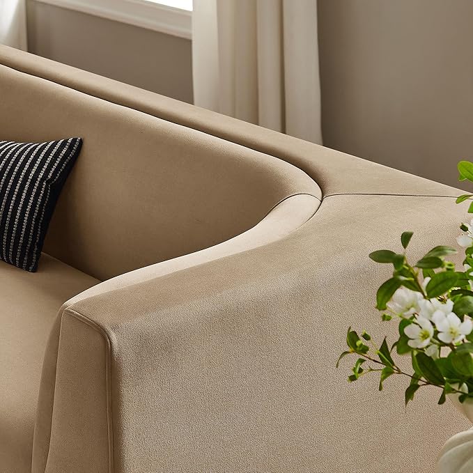 Modway Hilda 86 Inch Modern Curved Back Performance Velvet Sofa in Taupe – Plush Upholstered 3-Seat Couch for Living Room, Apartment, Office
