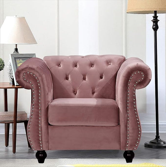 Container Furniture Direct Feinstein Modern Velvet Chesterfield Couches for Living Room with Nailheads, Diamond Tufting & Durable Metal Frame, Chair, Rose