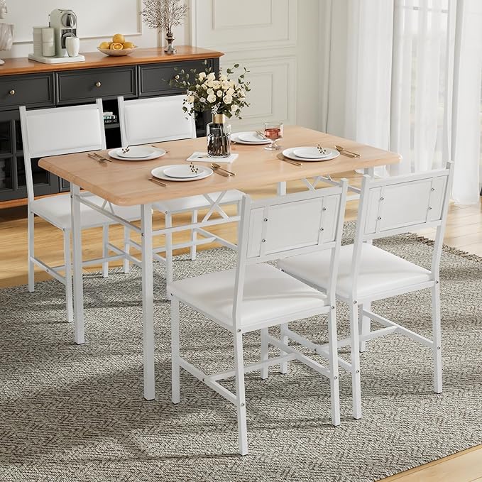 VECELO Dining Table Set for 4 with Chairs, 5-Piece Kitchen Table and Upholstered Padded Chairs Set for Small Space, Dining Room, Apartment, Natural Oak