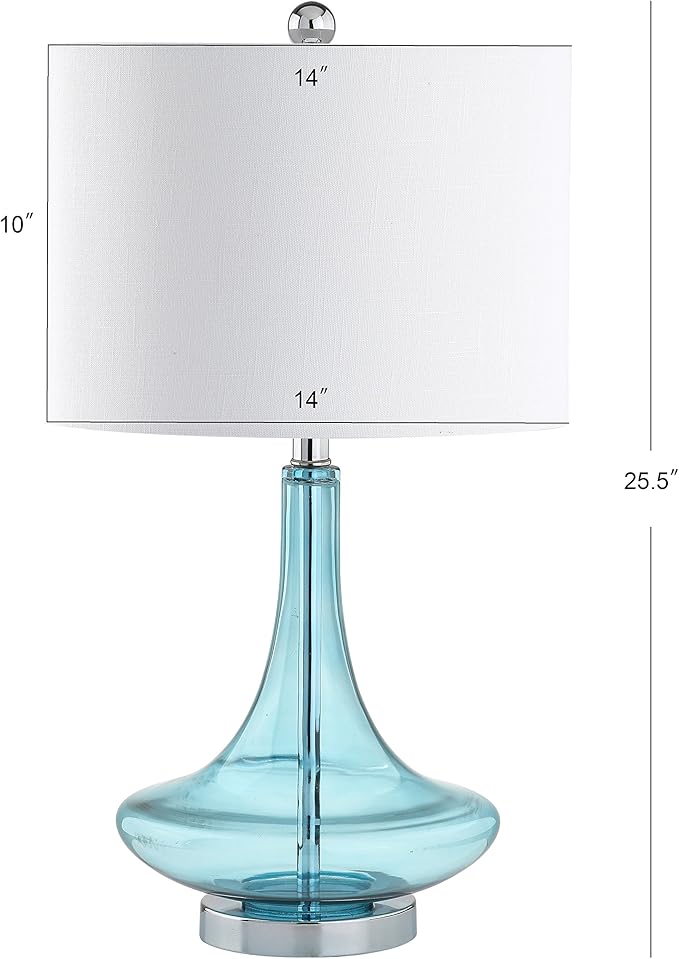 JONATHAN Y 25.5" Aqua/Chrome Glass Teardrop Table Lamp Set of 2 for Bedroom, Modern Bedside Lamps for Living Room, White Linen Drum Shade, LED Bulbs Included (JYL1081B-SET2)