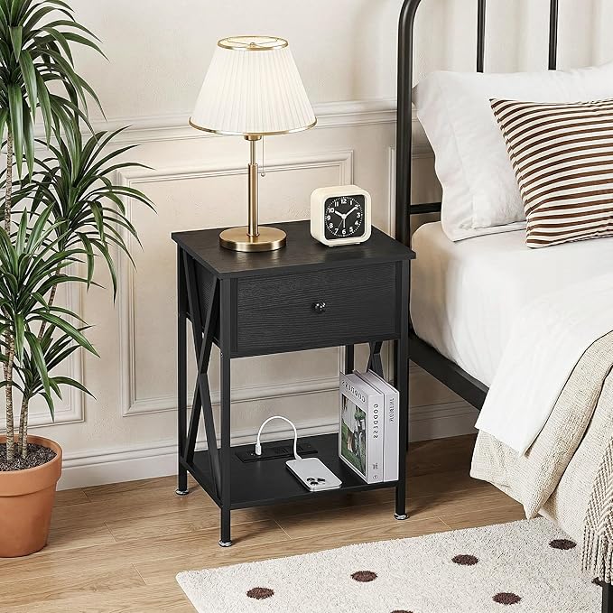 VECELO End Table with Charging Station, Night Stand with Drawers, 2-Tier Bedside Tables with USB Ports & Outlets, Side Table with Storage Shelf for Living Room/Bedroom, Black