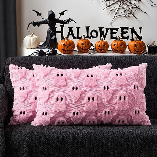 DFXSZ Halloween Pillow Covers 12x20 inch Set of 2 Pink Ghost Throw Pillow Cases Soft Plush Faux Fur Wool Couch Cushion Case for Chair Sofa Bedroom Living Room Home Decor PTK03B12