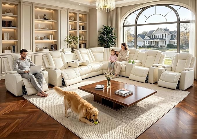 Power Reclining Sectional Sofa Set with LED, Living Room Furniture Sets, Leather Recliner Couch for Living Room/Home Theater, Sectional Couch and Chair with 4 Recliners, USB Port/Hide-Away Storage