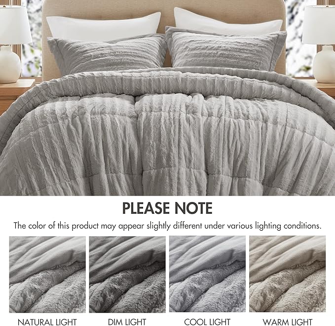 Madison Park Duke Luxe Faux Fur Reversible Comforter Set, Soft Plush Reverse, Modern Down Alternative Filling Cozy Bedding, Box Quilted Warm Cover, Matching Shams, King/California King, Grey 3 Piece