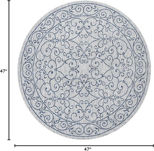JONATHAN Y Vintage Filigree Indoor Outdoor Round Area Rug 4 Ft Gray/Navy, Charleston Textured Weave for Backyard, Patio, Porch, Easy-Cleaning, High Traffic, Pet-Friendly, Non-Shedding (SMB106C-4R)