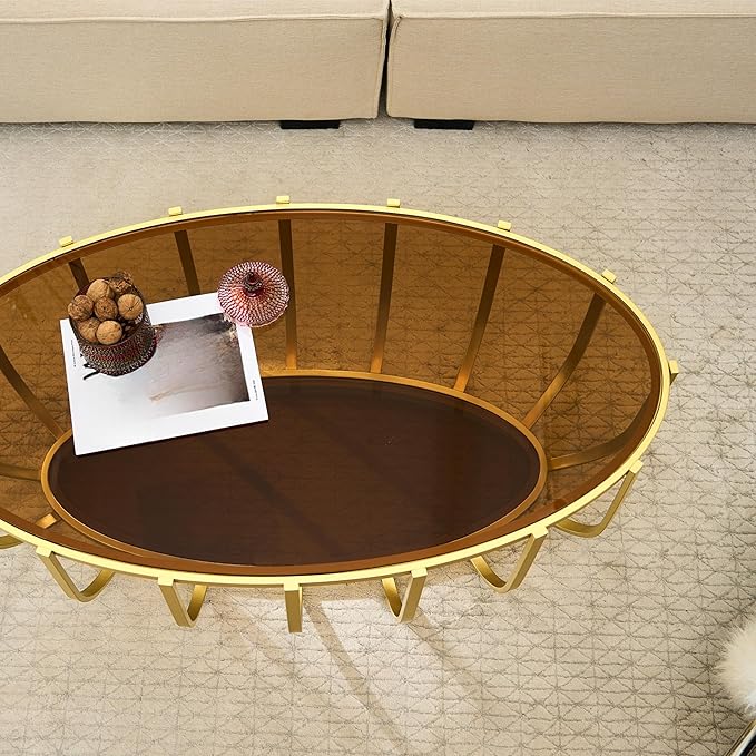 Saint Mossi Glass Oavl Coffee Table for Living Room, Modern 2-Tier Glass Center Table, Brown Glass Top with Gold Finish Legs & Frame, L42.5xW23xH16.5