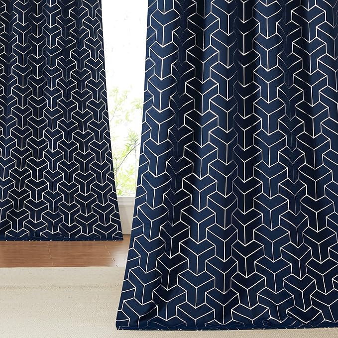 NICETOWN Blackout Curtains 63 inches Long for Bedroom, Thermal Insulated Solid Grommet Top Foil Printed Diamond Pattern Blackout Panels/Draperies for Boys Kid's Room (Navy, 1 Pair, 52 inch Width)