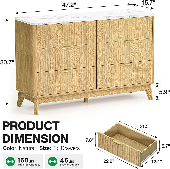 Pamapic 47" Sideboard Buffet Cabinet with Storage, Fluted Storage Cabinet with 6 Drawers, Modern Credenza with Faux Marble Top, Wood Buffet Console Table for Living Room, Hallway, Natural