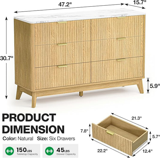 Pamapic 47" Sideboard Buffet Cabinet with Storage, Fluted Storage Cabinet with 6 Drawers, Modern Credenza with Faux Marble Top, Wood Buffet Console Table for Living Room, Hallway, Natural