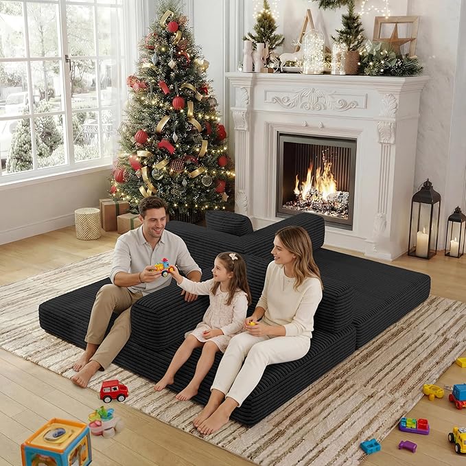 4-in-1 Foldable Sofa Bed Teddy Foam-Filled Compressed Couch Loveseat Sofa Boneless Foldable Convertible Sleeper Sofa Couch for Space Saving Living Room, Guest Bed, Playroom (Black, 53.15"Double Sofa)