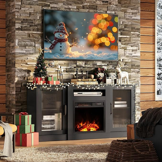 WLIVE Fireplace TV Stand for 65" TV, Entertainment Center with 3D Realistic Flame Electric Fireplace, TV Console with Open Shelves for Living Room, Black