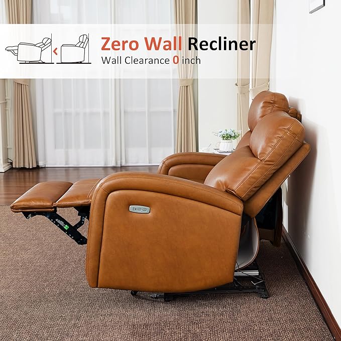 MCombo Zero Wall Recliner Loveseat, 2-Seat Power Wall Hugger Sofa with USB & Type-C Dual Ports, for Small Space, Living Room, RV PR646 (Cognac Brown, Loveseat)