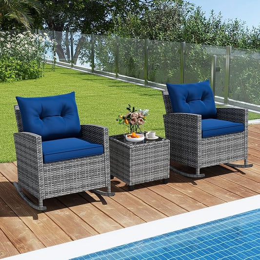 Tangkula 3 Piece Wicker Rocking Set, Patio Rattan Roker Chairs with Tempered Glass Table & Soft Cushions, Outdoor Furniture Set for Backyard, Poolside Porch (Mix Gray & Navy)