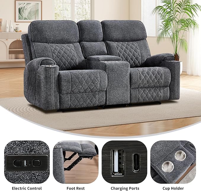 EBELLO Power Reclining Sofa Couch, Fabric Electric Recliner Loveseat Sofa with Cup Holders, USB Type-C Charging Ports and Storage Space, 2 Seats for Small Living Room, Bedroom and Meeting Room, Grey