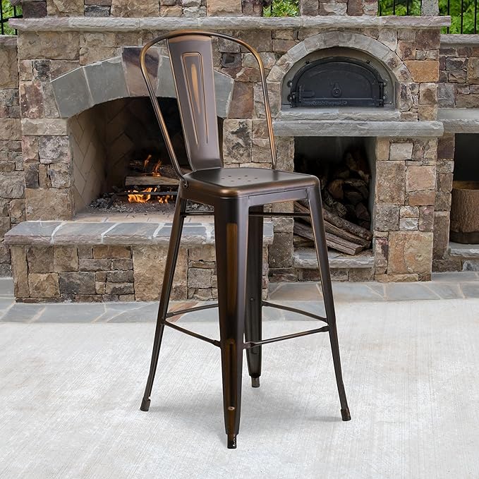 Flash Furniture Commercial Grade 30" High Distressed Copper Metal Indoor-Outdoor Barstool with Back