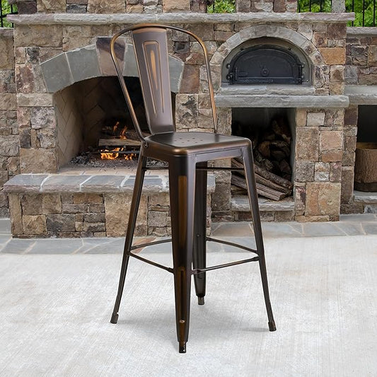 Flash Furniture Commercial Grade 30" High Distressed Copper Metal Indoor-Outdoor Barstool with Back