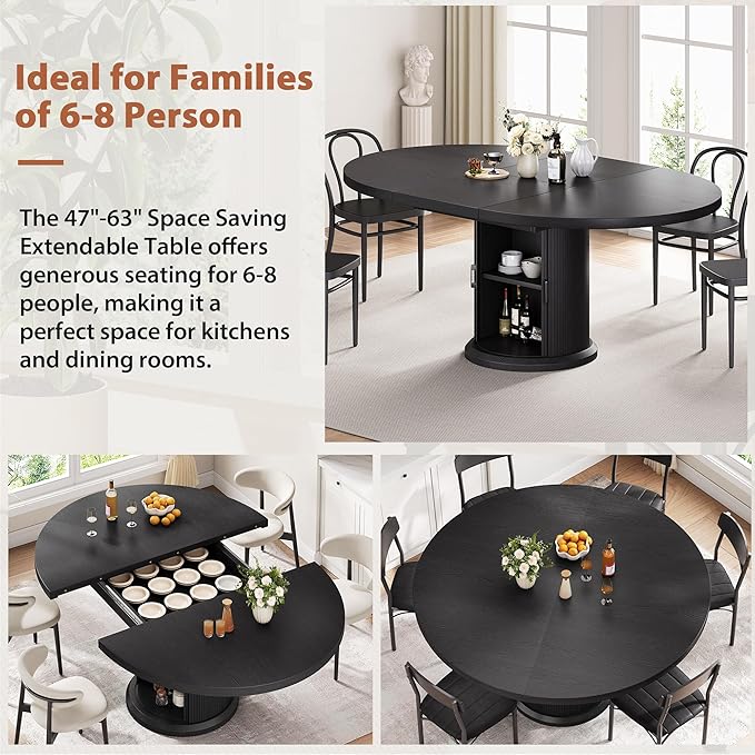 47″–63″ Extendable Round Dining Table for 4–8 with Dust-Proof 2-Tier Storage Shelf Space Saving Expandable Wood Oval Circle Dinner Furniture with Pedestal Base (Black)