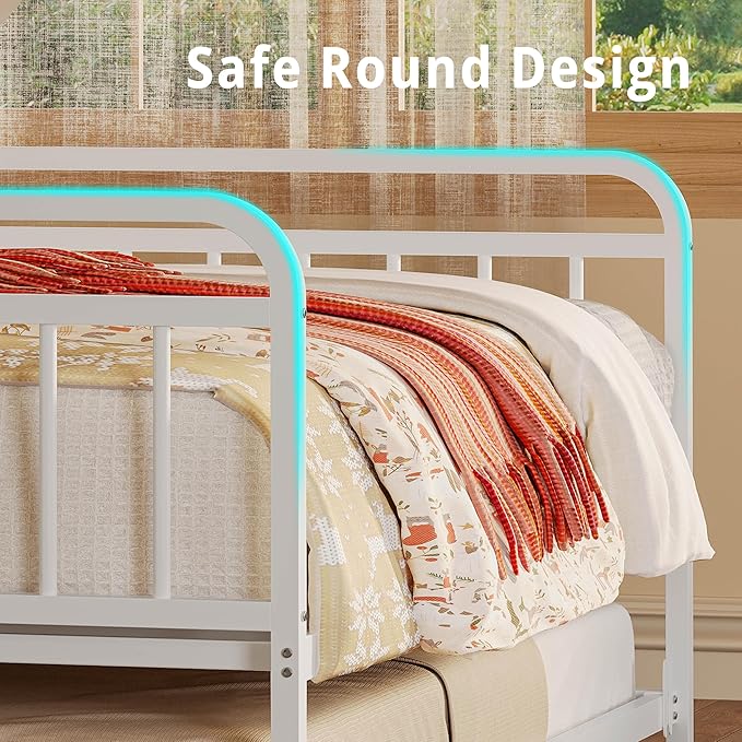 LIKIMIO Daybed with Trundle, Sturdy Metal Full Size Bed Frame with Upholstered Headboard and Charging Station for Living Room, Bedroom and Guest Room, White