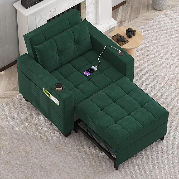DURASPACE Pull Out Sofa Bed 3-in-1 Convertible Sofa Sleeper Chair Bed with USB, Cup Holder, Adjustable Armchair Beds for Small Spaces, Apartment, Living Room, Office (Green Linen)