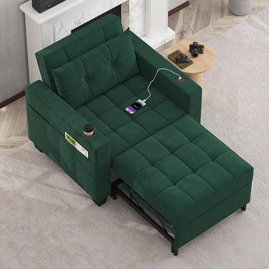 DURASPACE Pull Out Sofa Bed 3-in-1 Convertible Sofa Sleeper Chair Bed with USB, Cup Holder, Adjustable Armchair Beds for Small Spaces, Apartment, Living Room, Office (Green Linen)