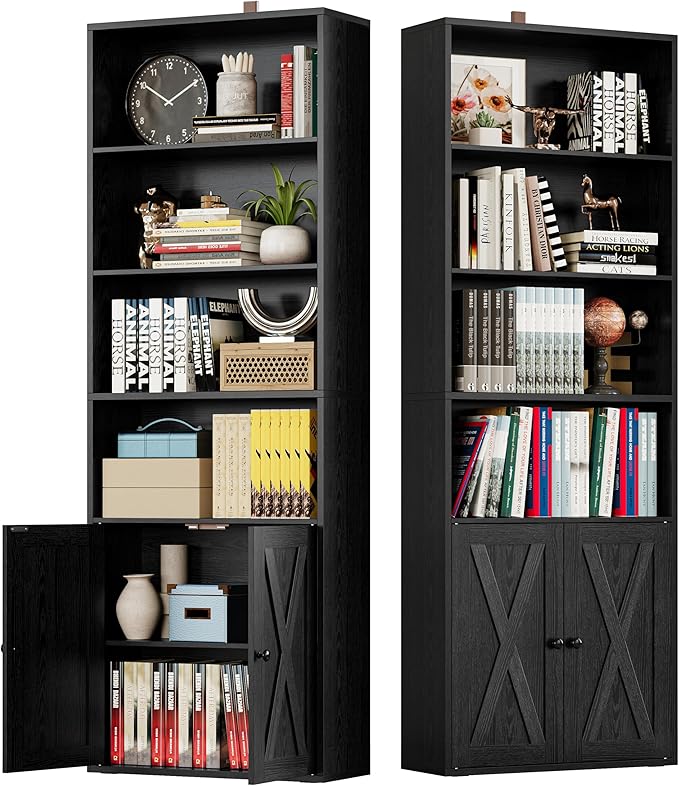 IRONCK Industrial Bookshelves and Bookcases with Doors Set of 2 Floor Standing 6 Shelf Display Storage Shelves 70 in Tall Bookcase for Home Office, Living Room