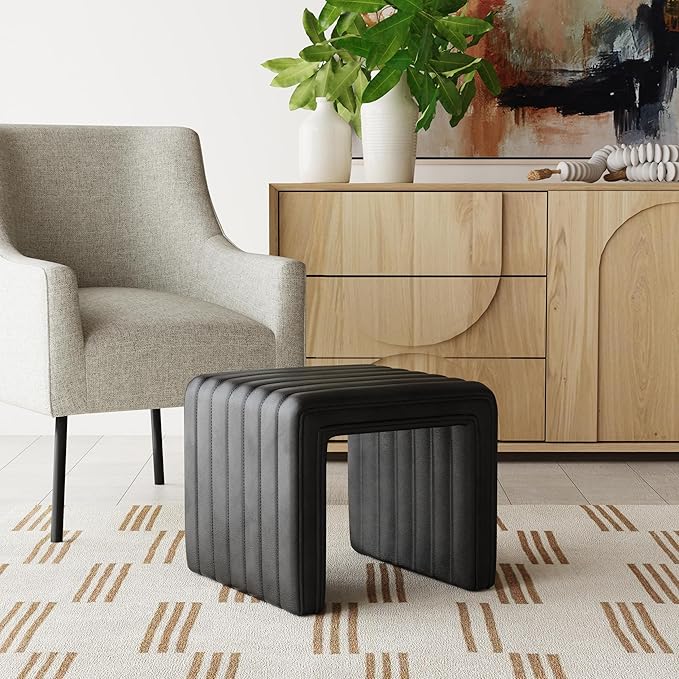 Spatial Order Modern Channel Tufted Ottoman | Spatial Order Home Décor | Ottoman for Living Room & Bedroom - Black Faux Leather