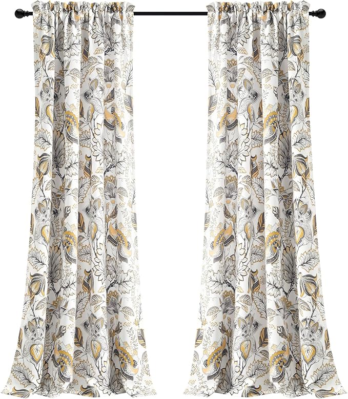 Lush Decor Cynthia Jacobean Light Filtering Window Curtain Panel Pair, 84" L x 52" W, Yellow & Gray