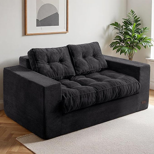 MAXYOYO Loveseat Sofa Couch, Upholstered Bean Bag Chair Cloud 2-Seat for Adults, Boneless Couch with Tufted Cushion & Pillows, Sofa in A Box, No Assembly Required, Black