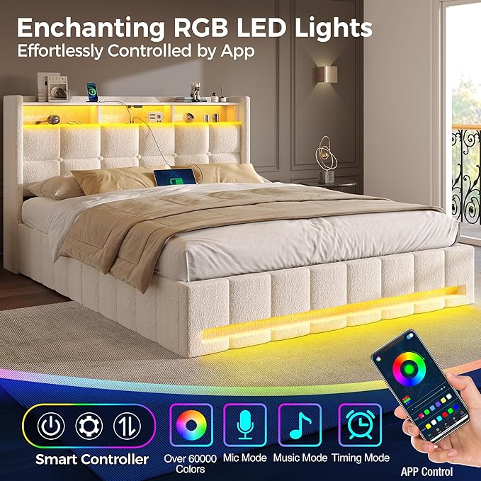 Rolanstar Bed Frame Queen Size with Lift Up Storage, Charging Station & LED Lights, Upholstered Storage Headboard, Heavy Duty Wooden Slats, No Box Spring Needed, Noise Free, Easy Assembly, Beige