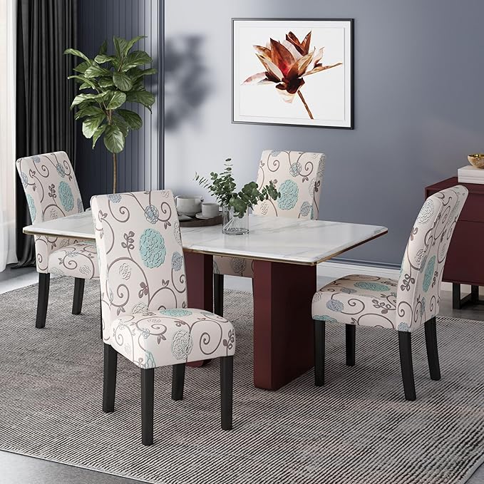 Evangeline Contemporary Fabric Dining Chairs (Set of 4), Light Beige with Blue Floral