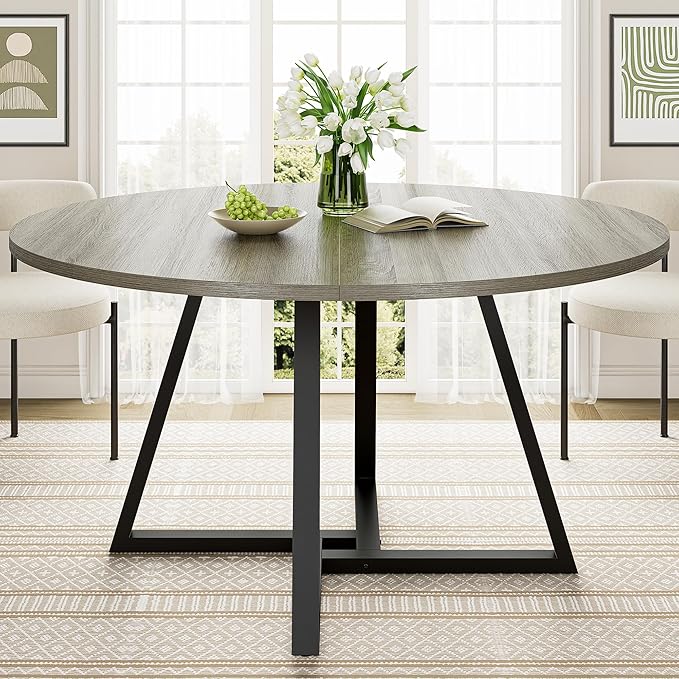 IRONCK 51" Round Dining Table for 6, Wood Kitchen Table with Metal Base, Space Saving Industrial Circle Dinner Table for Kitchen Dining Room, Gray