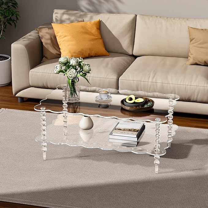 Acrylic Coffee Table, 2-Tier Living Room Table with Storage, Center Table Mid-Modern Century for Living Room, Easy to Assemble (Clear, 37.8“×23.6“×15.7”)