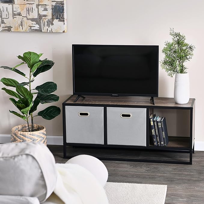 Household Essentials Jamestown TV Stand Coffee Table with Square Cube Storage Compartments Ashwood Rustic Wood Grain and Black Metal
