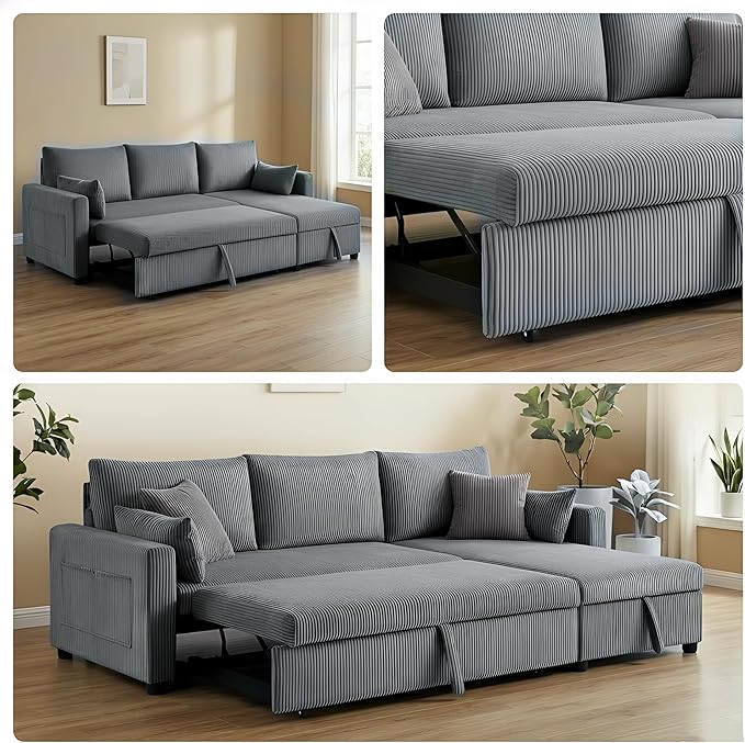 Sectional Sleeper Sofa with Pull Out Bed, LShape Convertible Sofa Bed Couch with Storage Chaise, 3 in 1 Pull Out Sofa Bed with 3 Seats, for Living Room,Apartment, Gray, 85Inch