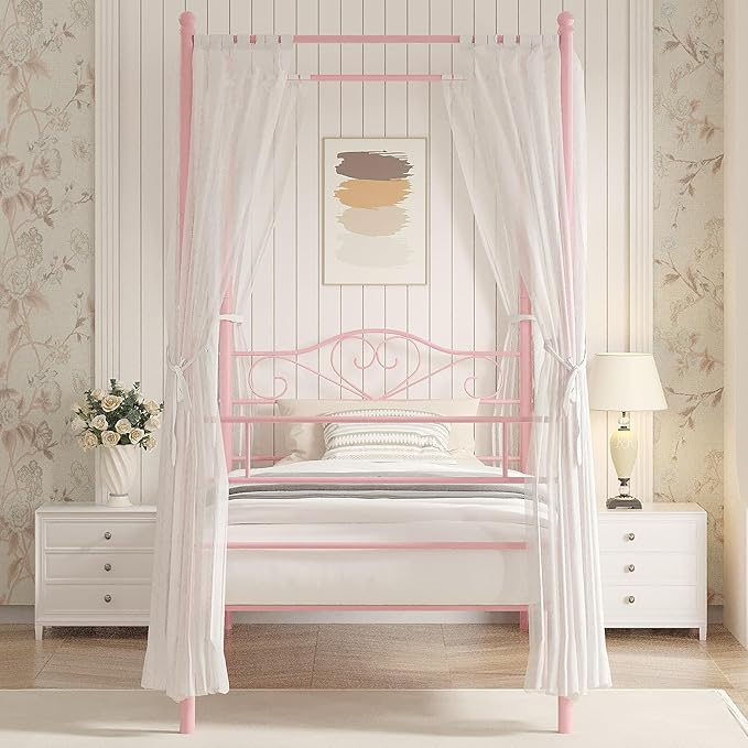 VECELO Twin Canopy Bed Frame with Headboard and Footboard, Metal Four Posters Design, Mattress Foundation Platform with Steel Slats Support, Underbed Storage Space, No Box Spring Needed, Pink