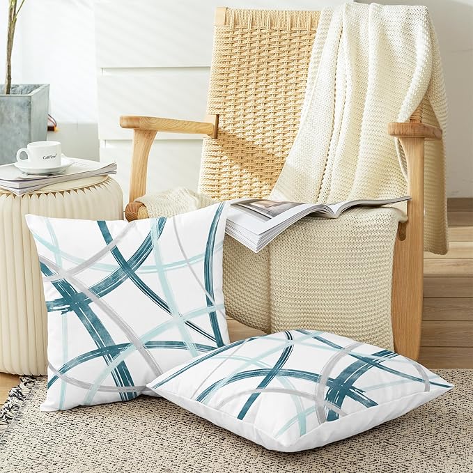CaliTime Throw Pillow Cases Pack of 2 Cozy Fleece Arc-Shaped Abstract Geometric Lines Decorative Cushion Covers for Couch Bed Sofa Farmhouse Decoration 26 X 26 Inches Teal Turquoise Grey