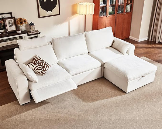 124.8'' Oversized Power Recliner Sofa with Headrest, Extra Wide Modular Cloud Sectional Reclining Couch, Convertible 4-Seater with Storage Ottoman for Home Theater Living Room, Chenille, White