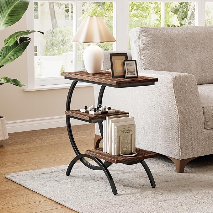 LITTLE TREE End Table, Narrow End Table with 3 Storage Shelves, Industrial C-Shaped Small Sofa Side Table for Living Room, Wood Slim Snack Table with Black Metal Frame, Rustic Brown