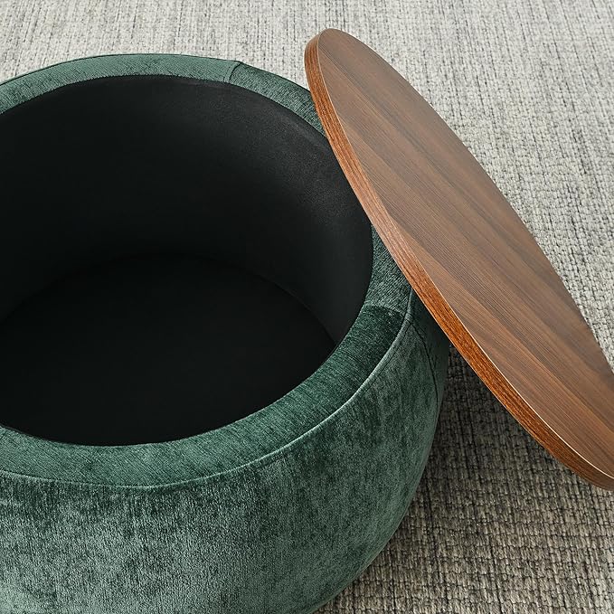 Ball & Cast Round Upholstered Storage-Ottoman Set with Wood Tray, Large Storage Coffee Table w/Footstool & Removable Lid, Dia 25" Padded Bench & End Side-Table for Living Bedroom, Green