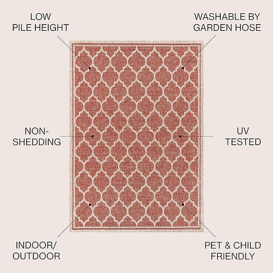 JONATHAN Y Moroccan Trellis Indoor Outdoor Square Area Rug 9X9 Red/Beige, Trebol Textured Weave for Backyard, Patio, Porch, Easy-Cleaning, High Traffic, Pet-Friendly, Non-Shedding (SMB109C-9SQ)