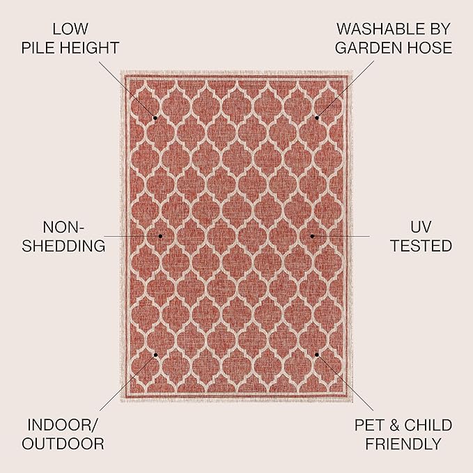 JONATHAN Y Moroccan Trellis Indoor Outdoor Square Area Rug 8X8 Red/Beige, Trebol Textured Weave for Backyard, Patio, Porch, Easy-Cleaning, High Traffic, Pet-Friendly, Non-Shedding (SMB109C-8SQ)
